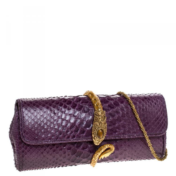 Pre Owned Roberto Cavalli Purple Python Serpent Chain Clutch