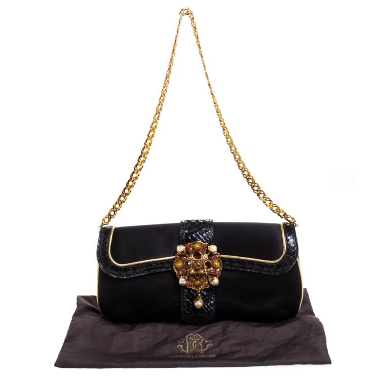 Pre Owned Roberto Cavalli Black Satin and Python Flap Chain Clutch