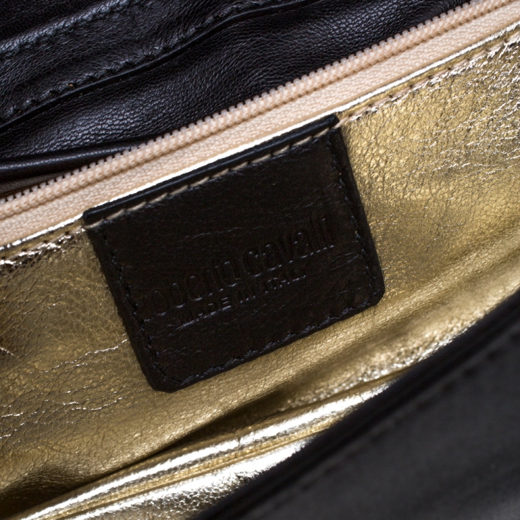 Pre Owned Roberto Cavalli Black Satin and Python Flap Chain Clutch
