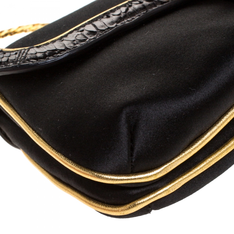 Pre Owned Roberto Cavalli Black Satin and Python Flap Chain Clutch