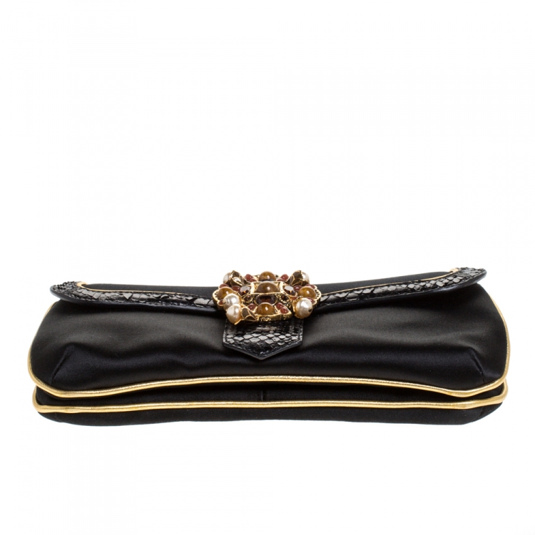 Pre Owned Roberto Cavalli Black Satin and Python Flap Chain Clutch