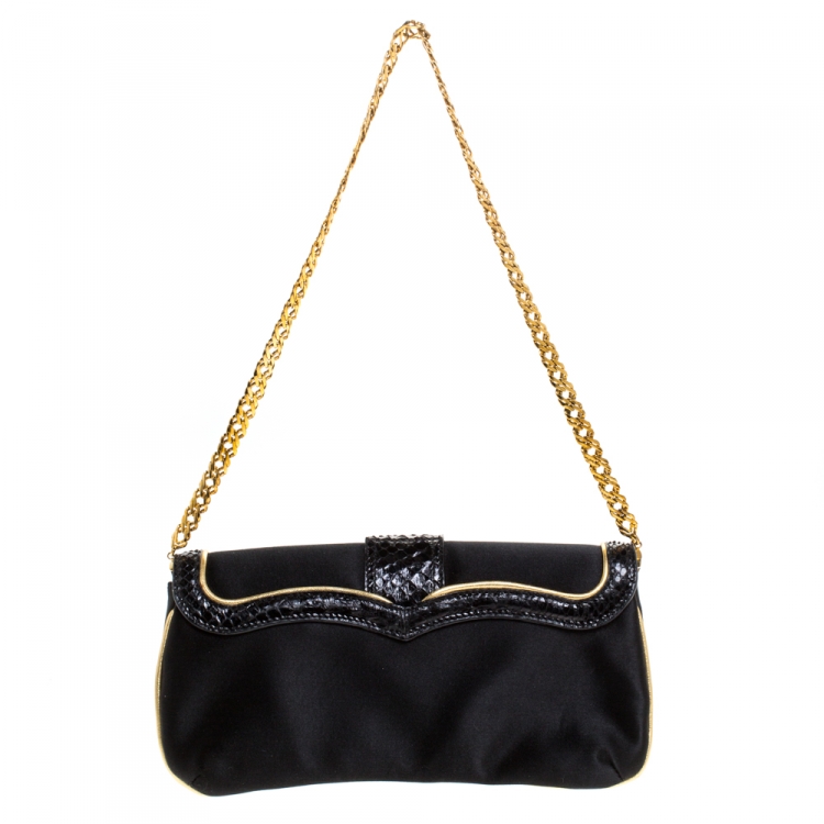 Pre Owned Roberto Cavalli Black Satin and Python Flap Chain Clutch