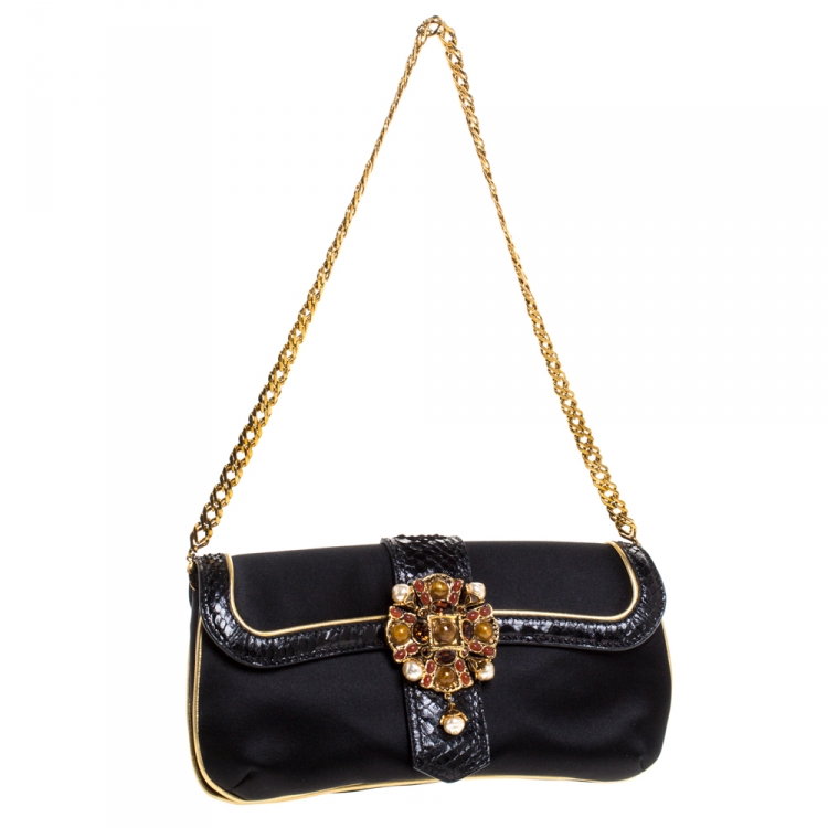 Pre Owned Roberto Cavalli Black Satin and Python Flap Chain Clutch