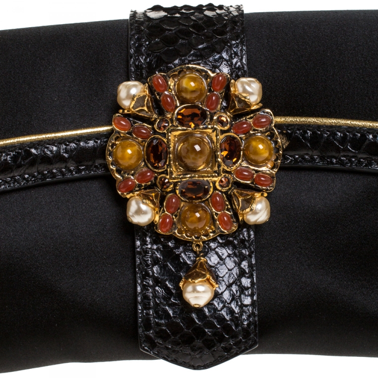 Pre Owned Roberto Cavalli Black Satin and Python Flap Chain Clutch