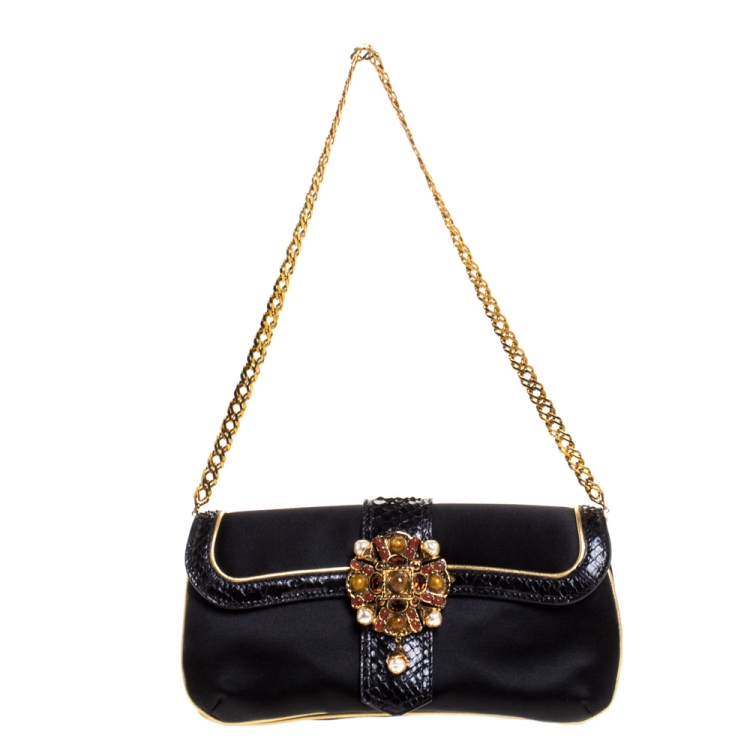 Pre Owned Roberto Cavalli Black Satin and Python Flap Chain Clutch