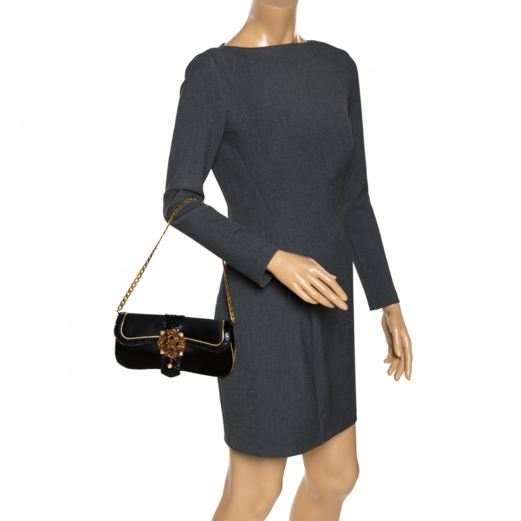 Pre Owned Roberto Cavalli Black Satin and Python Flap Chain Clutch