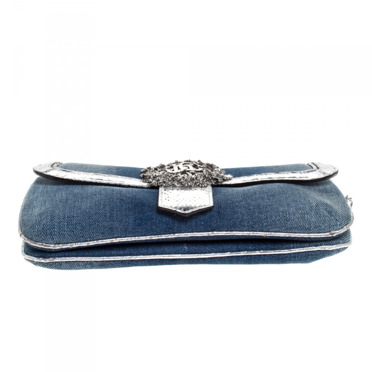 Pre Owned Roberto Cavalli Blue/Silver Denim and Snakeskin Flap Chain Clutch