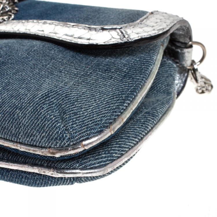 Pre Owned Roberto Cavalli Blue/Silver Denim and Snakeskin Flap Chain Clutch