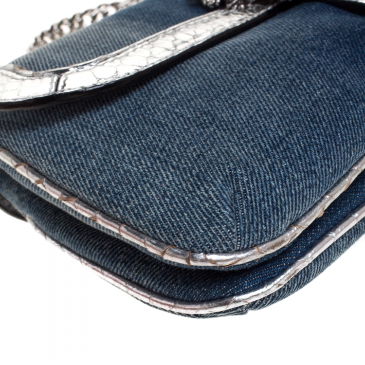 Pre Owned Roberto Cavalli Blue/Silver Denim and Snakeskin Flap Chain Clutch