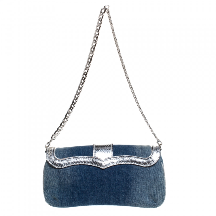 Pre Owned Roberto Cavalli Blue/Silver Denim and Snakeskin Flap Chain Clutch