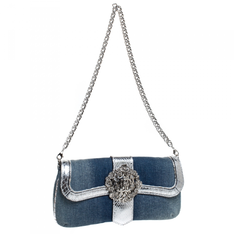 Pre Owned Roberto Cavalli Blue/Silver Denim and Snakeskin Flap Chain Clutch