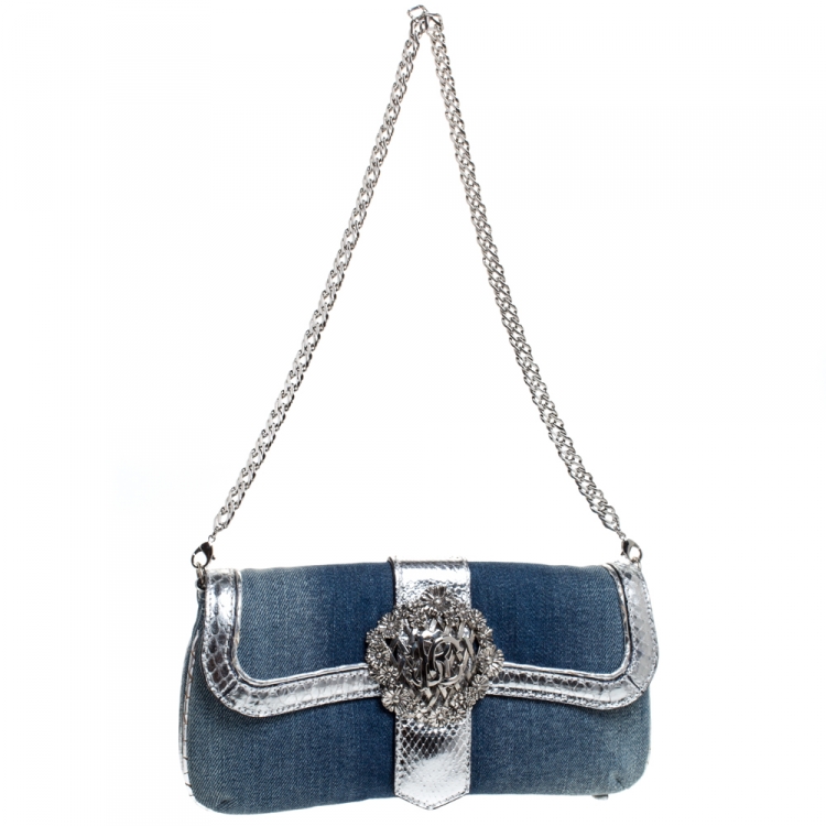 Pre Owned Roberto Cavalli Blue/Silver Denim and Snakeskin Flap Chain Clutch