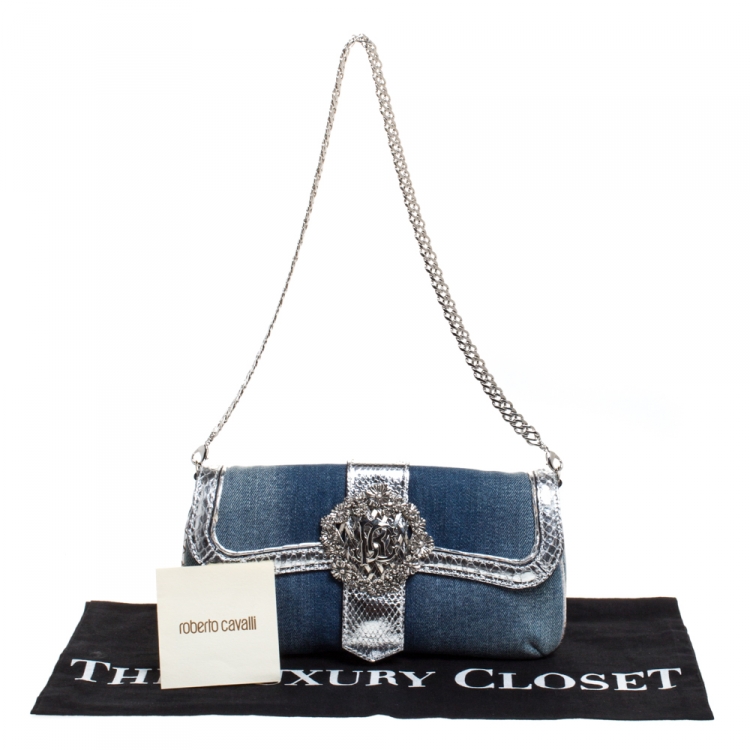Pre Owned Roberto Cavalli Blue/Silver Denim and Snakeskin Flap Chain Clutch