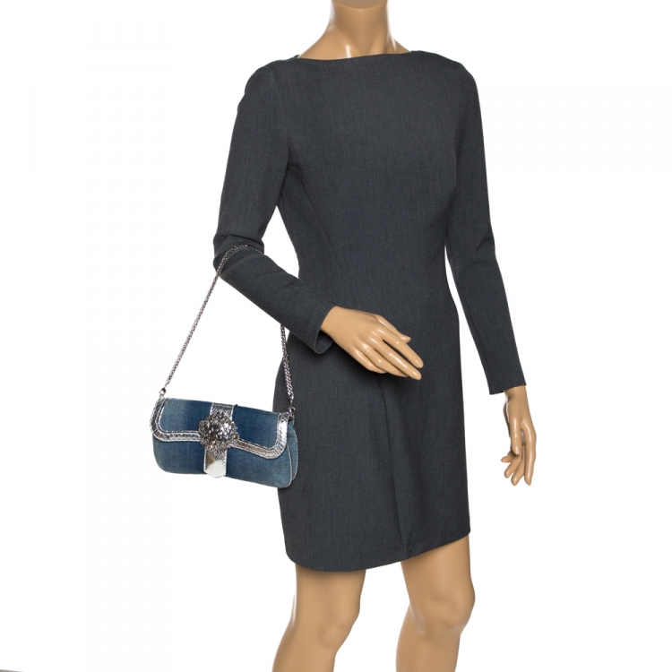 Pre Owned Roberto Cavalli Blue/Silver Denim and Snakeskin Flap Chain Clutch