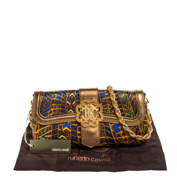 Pre Owned Roberto Cavalli Multicolor Printed Satin and Leather Chain Clutch