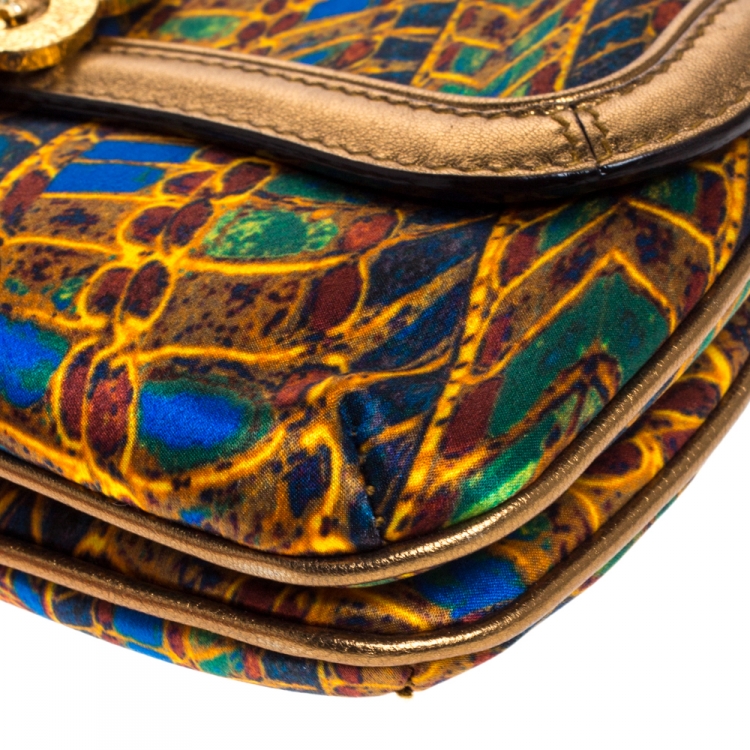 Pre Owned Roberto Cavalli Multicolor Printed Satin and Leather Chain Clutch