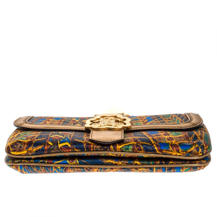 Pre Owned Roberto Cavalli Multicolor Printed Satin and Leather Chain Clutch