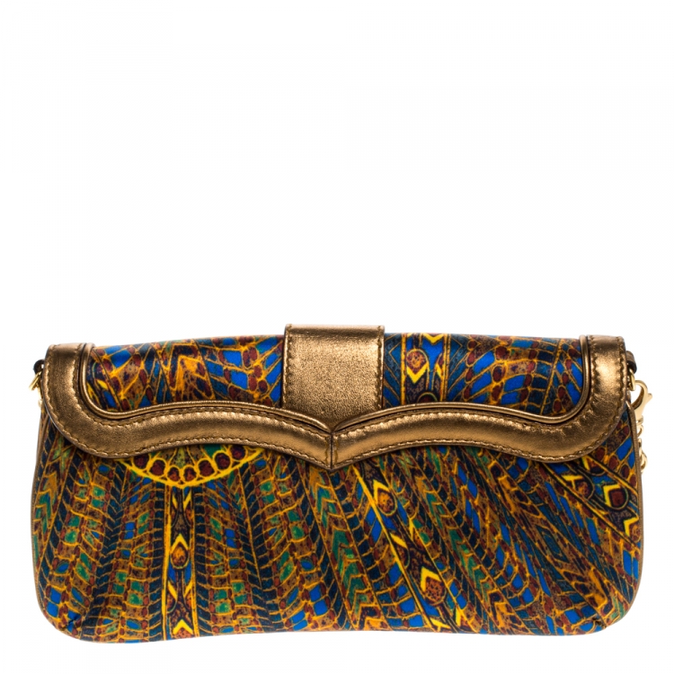 Pre Owned Roberto Cavalli Multicolor Printed Satin and Leather Chain Clutch