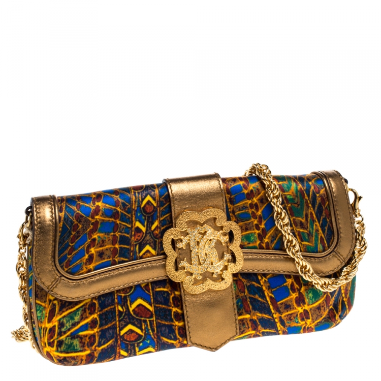 Pre Owned Roberto Cavalli Multicolor Printed Satin and Leather Chain Clutch