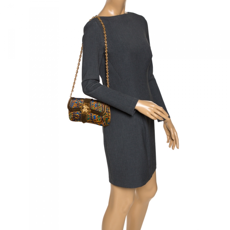 Pre Owned Roberto Cavalli Multicolor Printed Satin and Leather Chain Clutch