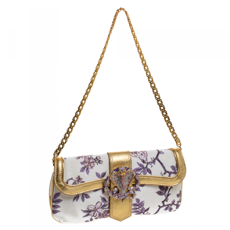 Pre Owned Roberto Cavalli Multicolor Floral Printed Satin and Leather Chain Clutch