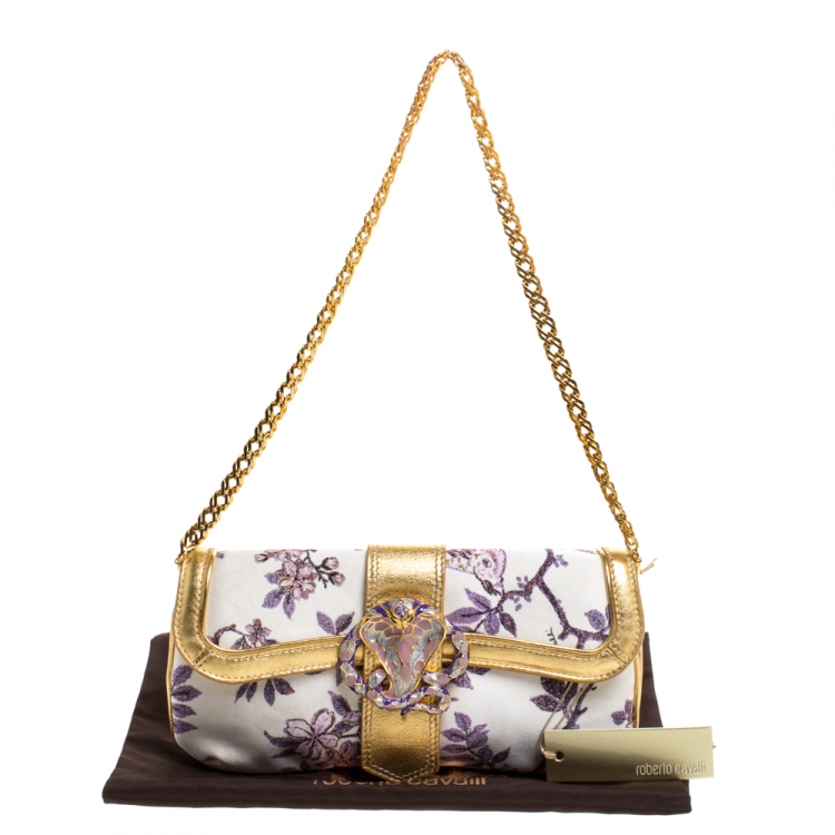 Pre Owned Roberto Cavalli Multicolor Floral Printed Satin and Leather Chain Clutch