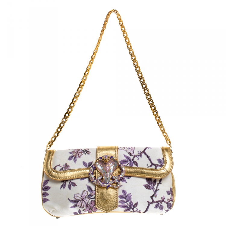 Pre Owned Roberto Cavalli Multicolor Floral Printed Satin and Leather Chain Clutch