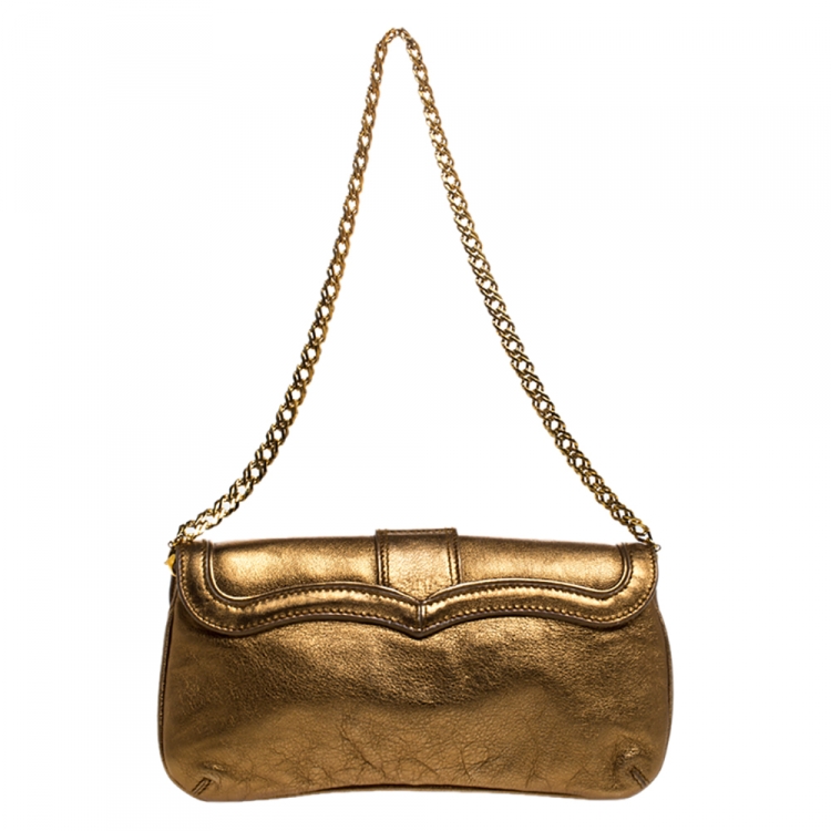 Pre Owned Roberto Cavalli Metallic Gold Leather Chain Clutch
