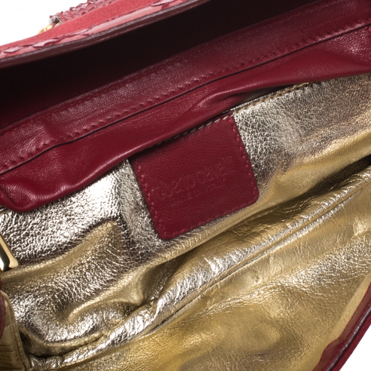Pre Owned Roberto Cavalli Red/Gold Satin and Snakeskin Chain Clutch