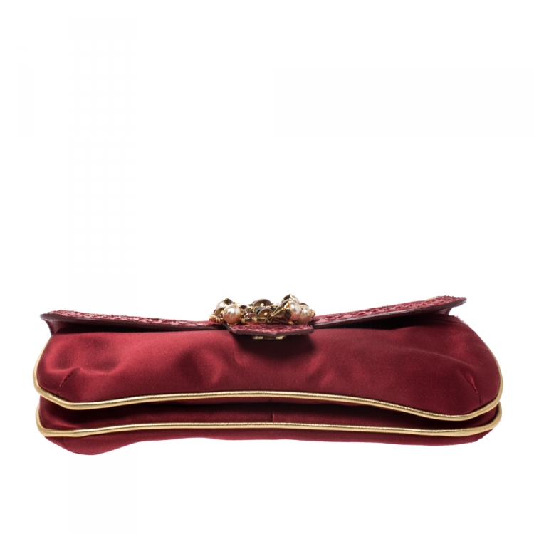 Pre Owned Roberto Cavalli Red/Gold Satin and Snakeskin Chain Clutch