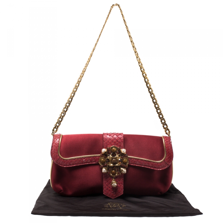 Pre Owned Roberto Cavalli Red/Gold Satin and Snakeskin Chain Clutch
