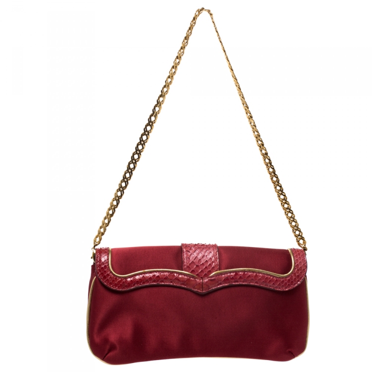 Pre Owned Roberto Cavalli Red/Gold Satin and Snakeskin Chain Clutch