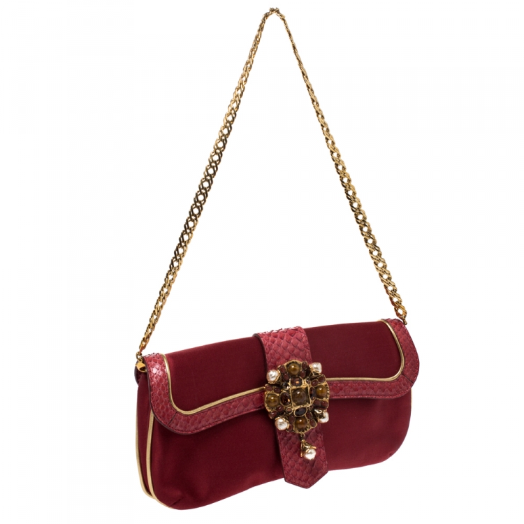Pre Owned Roberto Cavalli Red/Gold Satin and Snakeskin Chain Clutch