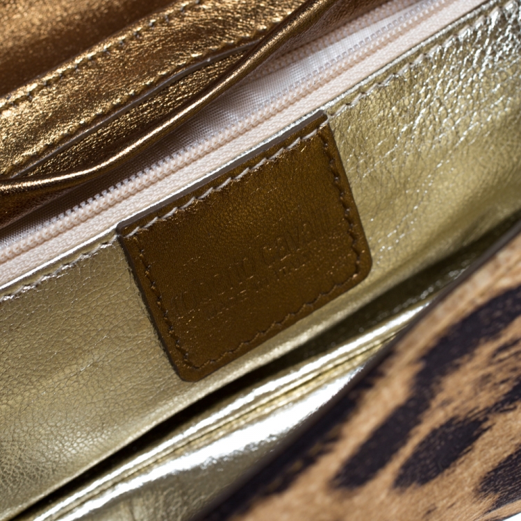 Pre Owned Roberto Cavalli Brown/Gold Leopard Print Satin and Leather Chain Clutch