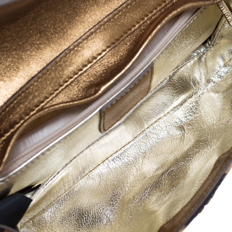 Pre Owned Roberto Cavalli Brown/Gold Leopard Print Satin and Leather Chain Clutch