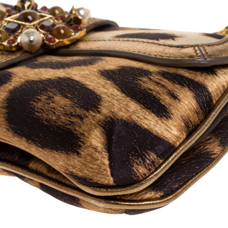 Pre Owned Roberto Cavalli Brown/Gold Leopard Print Satin and Leather Chain Clutch