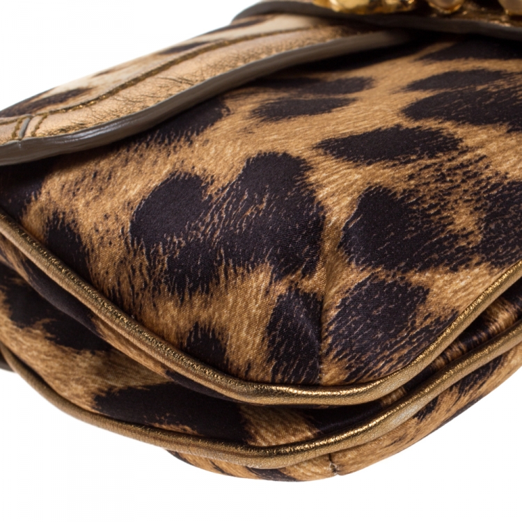Pre Owned Roberto Cavalli Brown/Gold Leopard Print Satin and Leather Chain Clutch
