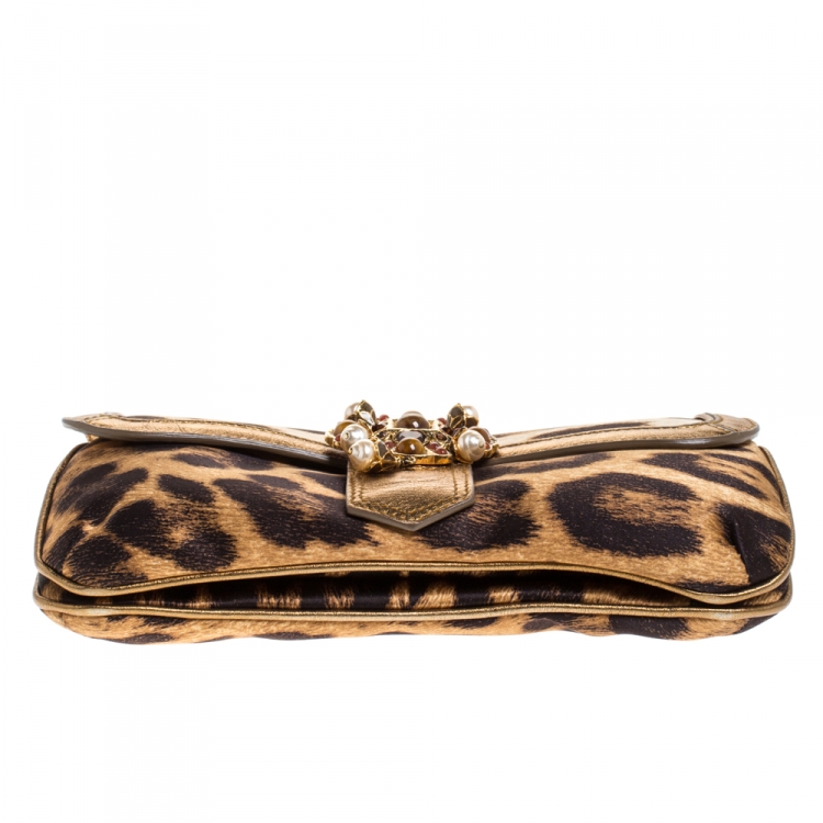 Pre Owned Roberto Cavalli Brown/Gold Leopard Print Satin and Leather Chain Clutch