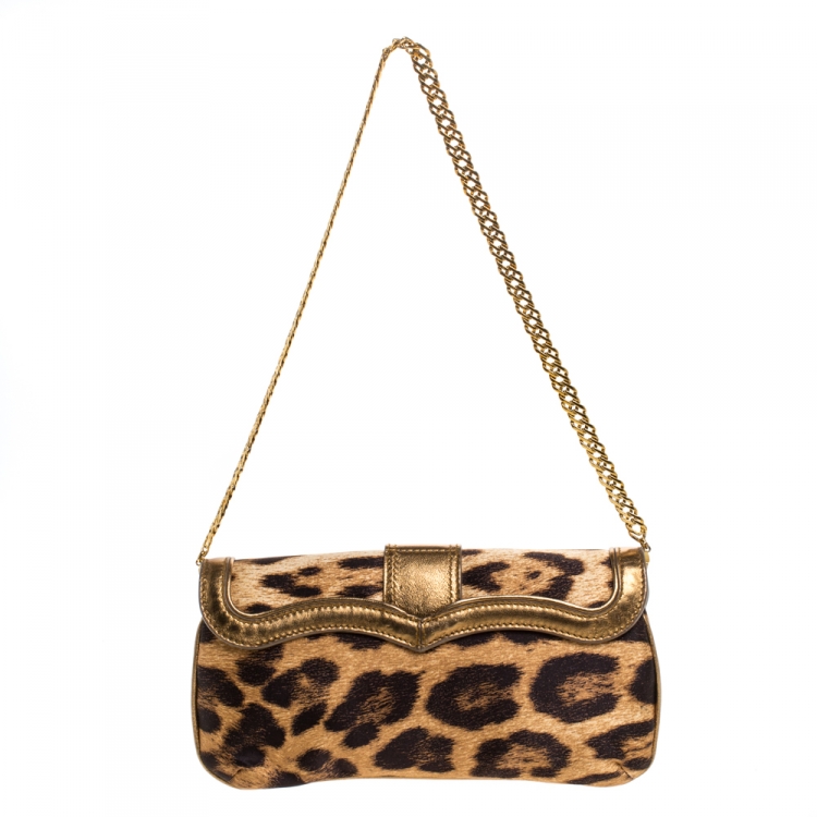 Pre Owned Roberto Cavalli Brown/Gold Leopard Print Satin and Leather Chain Clutch
