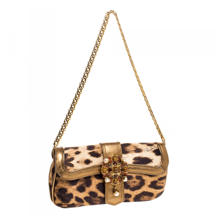 Pre Owned Roberto Cavalli Brown/Gold Leopard Print Satin and Leather Chain Clutch
