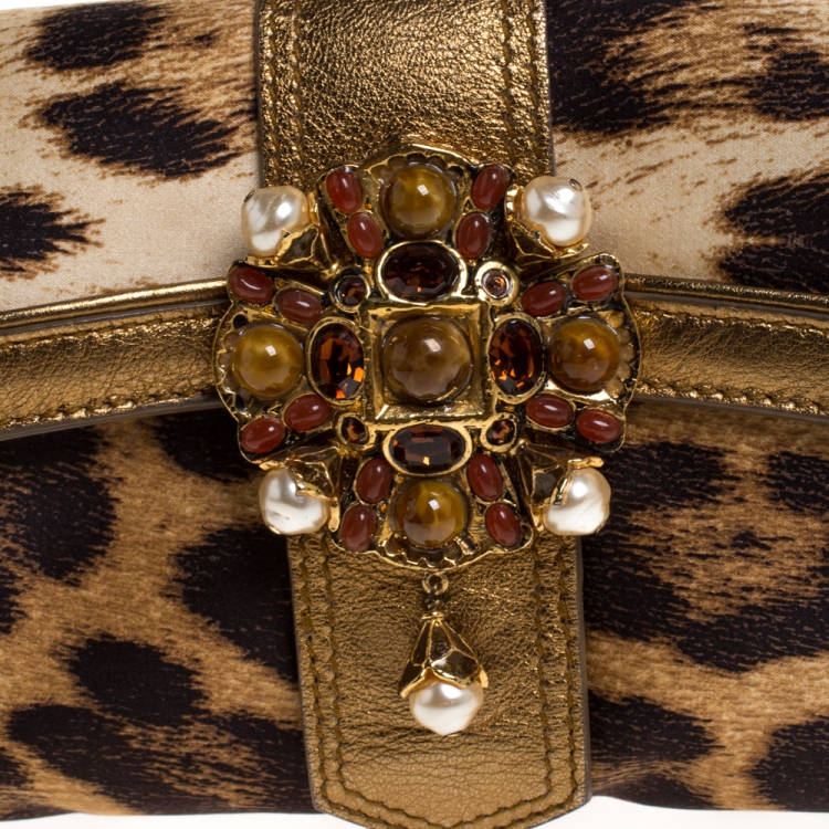 Pre Owned Roberto Cavalli Brown/Gold Leopard Print Satin and Leather Chain Clutch