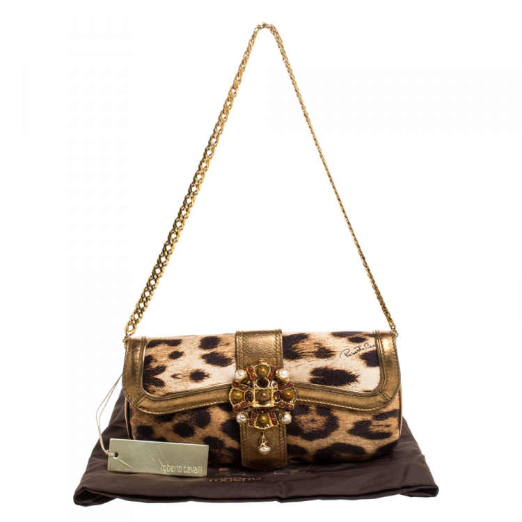 Pre Owned Roberto Cavalli Brown/Gold Leopard Print Satin and Leather Chain Clutch