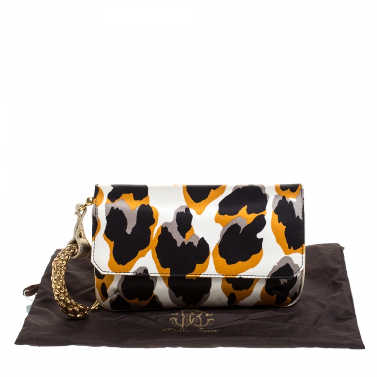 Pre Owned Roberto Cavalli Multicolor Leopard Print Satin Serpent Bracelet Wristlet Clutch     