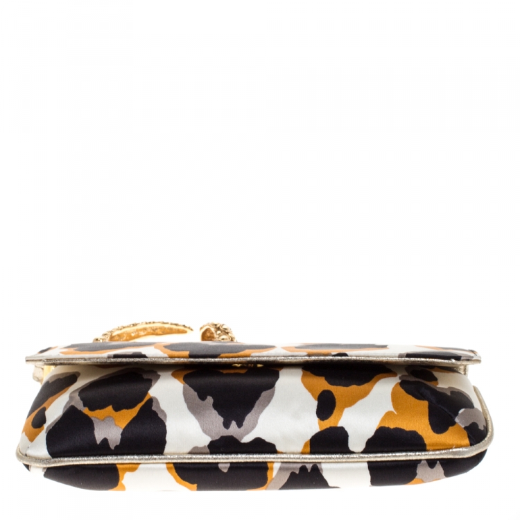Pre Owned Roberto Cavalli Multicolor Leopard Print Satin Serpent Bracelet Wristlet Clutch     
