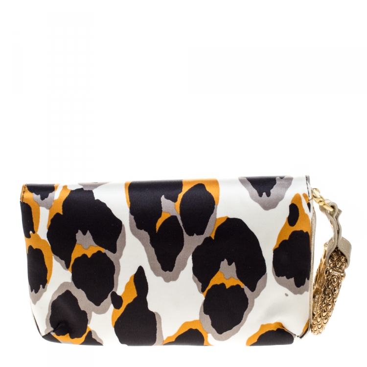 Pre Owned Roberto Cavalli Multicolor Leopard Print Satin Serpent Bracelet Wristlet Clutch     