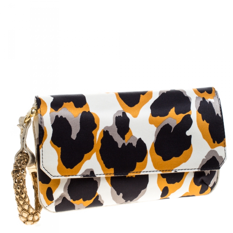 Pre Owned Roberto Cavalli Multicolor Leopard Print Satin Serpent Bracelet Wristlet Clutch     