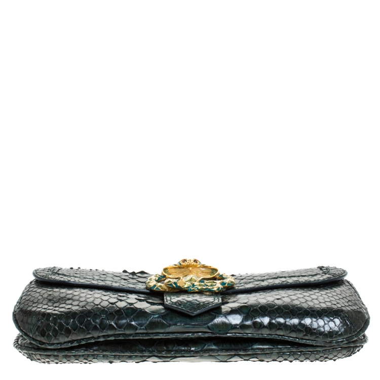 Pre Owned Roberto Cavalli Green Python Serpent Chain Clutch