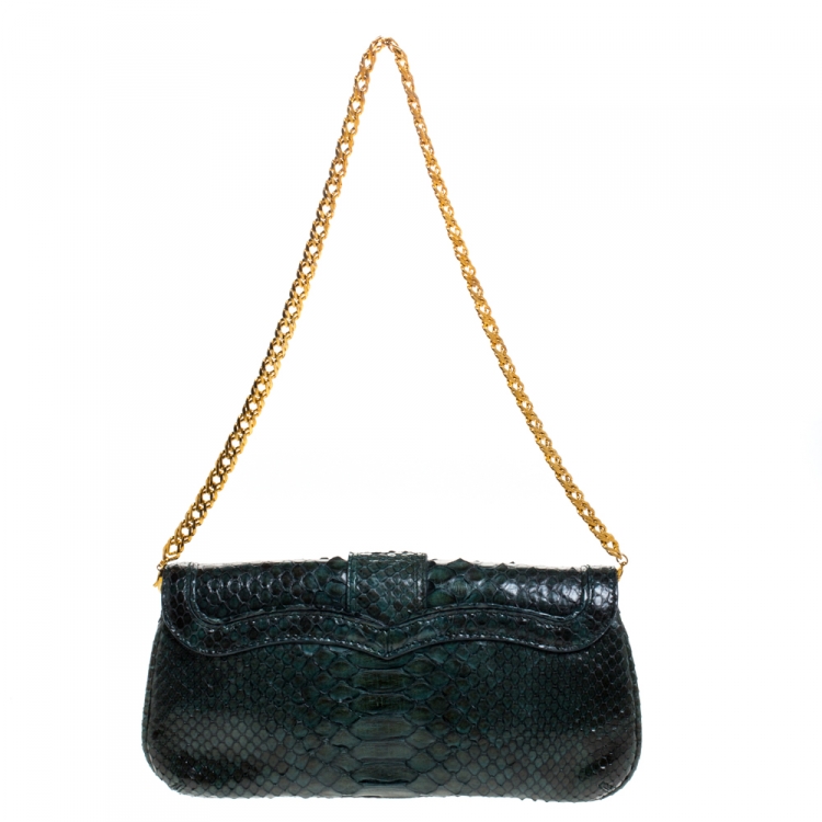 Pre Owned Roberto Cavalli Green Python Serpent Chain Clutch