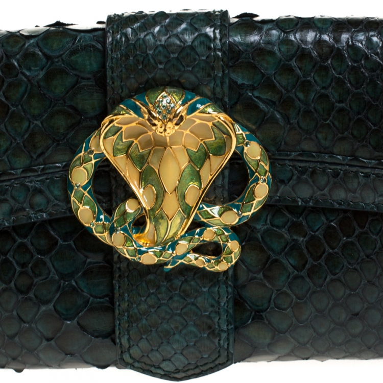 Pre Owned Roberto Cavalli Green Python Serpent Chain Clutch