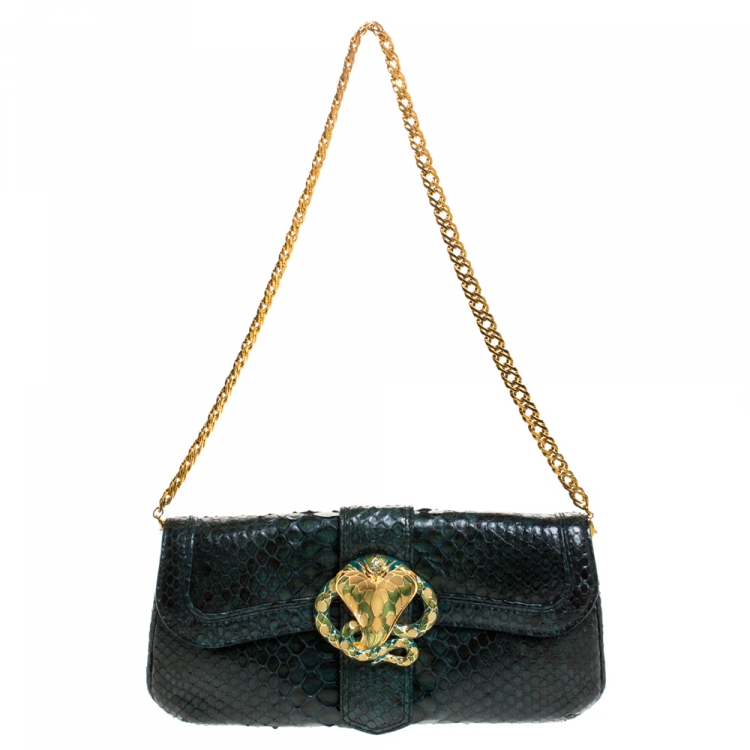 Pre Owned Roberto Cavalli Green Python Serpent Chain Clutch